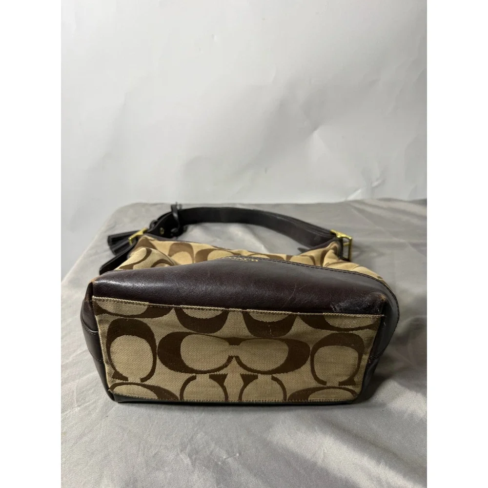 Coach Signature Jacquard Canvas Hobo Bag Brown Leather Trim Tassel Hobo Bag